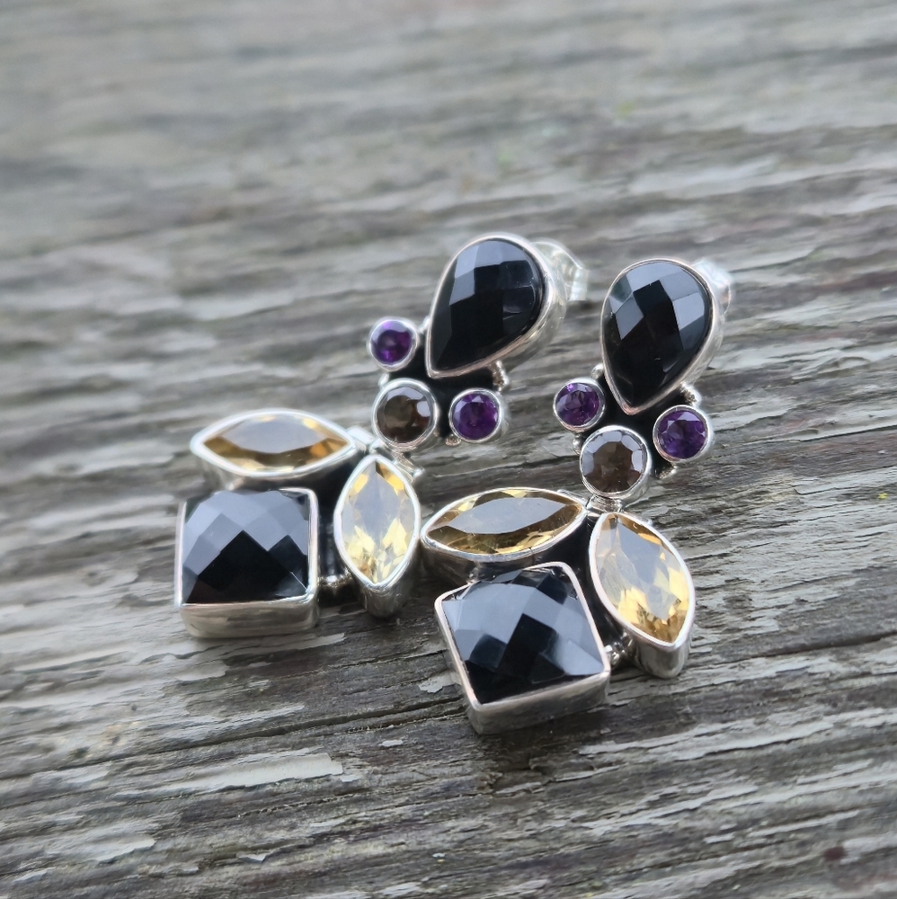 Nicky Butler 925 Sterling Silver Designer Onyx Citrine Amethyst Quartz Earrings - Picture 4 of 13